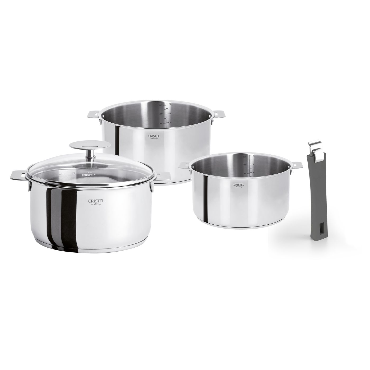 Série de 3 casseroles Casteline + poignée Mutine grise + couvercle